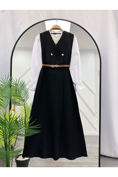 YEDİLALE Belted Button-Up Sleeveless Long Dress (Wide Fit S(38/40)M(40)L(42) Xl(44) ,Excluding Shirt 3009]