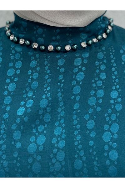 Ebrar Store Hafsa Jacquard Dress with Tied Sleeves-El1888 Petrol Blue