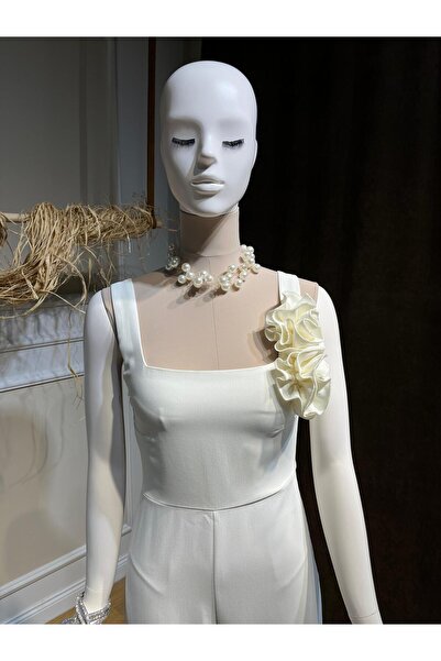 Rahy Ekru Kumaş Gül Detaylı Kalın Askılı Tulum