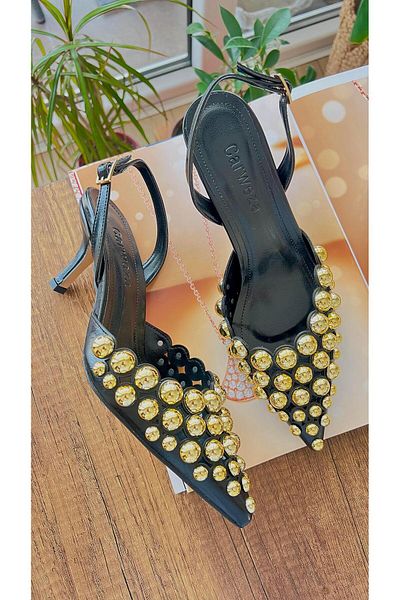 carweza Tia Black Gold Troc Low Heeled Women's Shoes