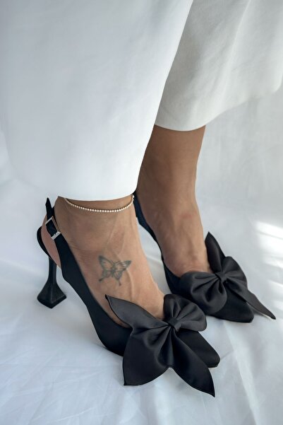 Shoebutik Aura Black Satin Bow Detail Women's Heeled Shoes