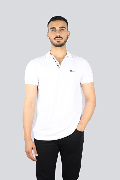 BOSS Erkek Dar Kalıp Yakası Kontrast Renk Geçişli Pamuklu Kısa Kollu Beyaz Po...