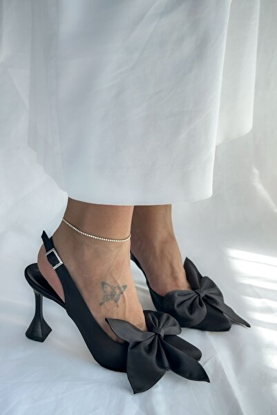 Shoebutik Aura Black Satin Bow Detail Women's Heeled Shoes