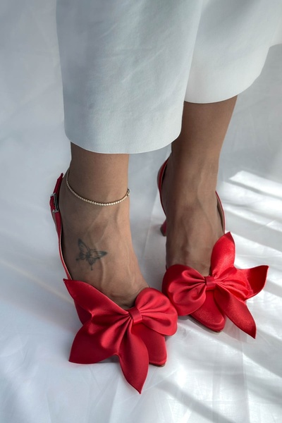 Shoebutik Aura Kırmızı Saten Fiyonk Detay Kadın Topuklu Ayakkabı