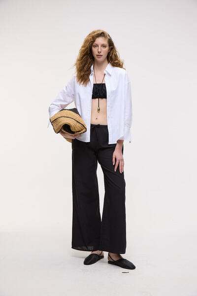 ETHIQUET UBANA Kadın %100 Pamuk Keten Görünümlü Comfort Fit Siyah Pantolon