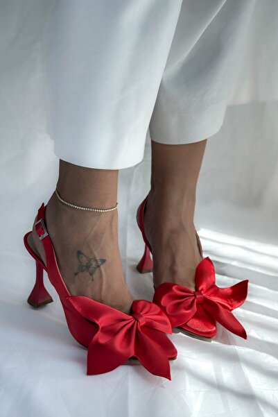 Shoebutik Aura Kırmızı Saten Fiyonk Detay Kadın Topuklu Ayakkabı