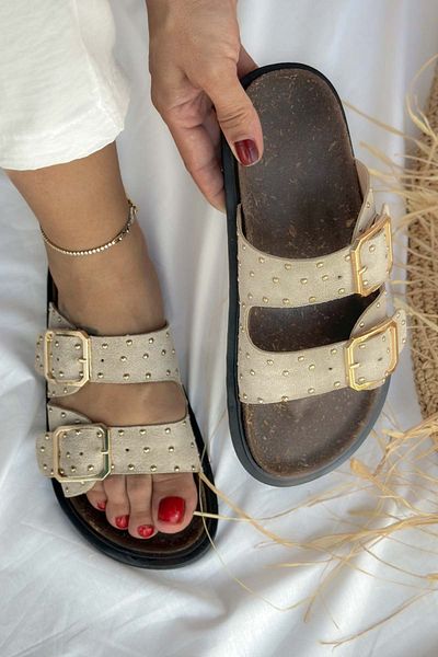Shoebutik Papuci de damă Glamour cu dungi duble din piele intoarsa bej