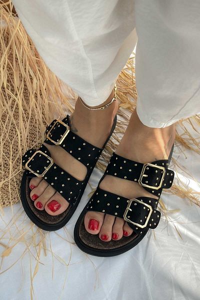 Shoebutik Dámské pantofle Glamour Black Suede - Double Banded Pin