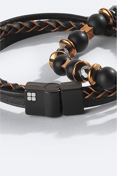 Avva Men's Brown Leather Ceyt and Hematite Stone Bracelet A42Y9618