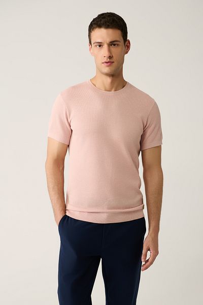 Avva Men's Powder Crew Neck Textured Cotton Knitwear T-Shirt E 005027
