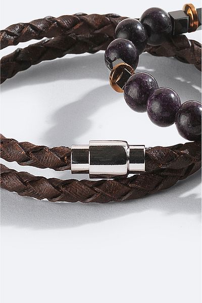 Avva Men's Brown Leather Ceyt and Hematite Stone Bracelet A42Y9615
