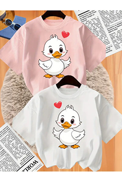 LOUİSA Κοριτσίστικο μπλουζάκι 2 συσκευασιών με στάμπα με καρδιά πάπιας (ροζ-λ...