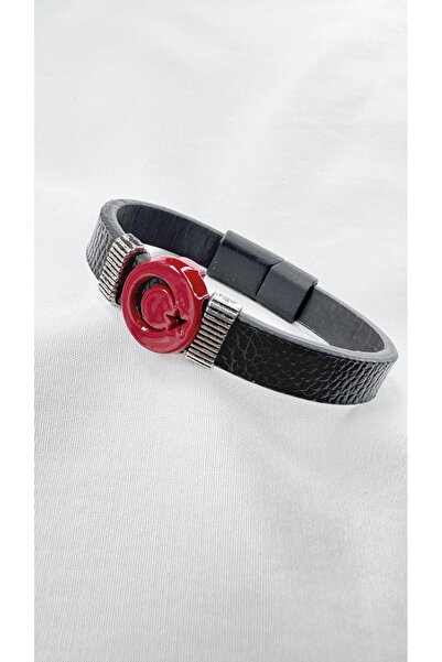 Aksesuar سوار من الجلد الصناعي الأسود بنمط العلم التركي