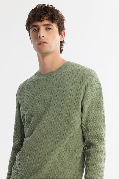 Avva Water Green Jacquard Crew Neck Men's Knitwear Sweater - A42Y5145