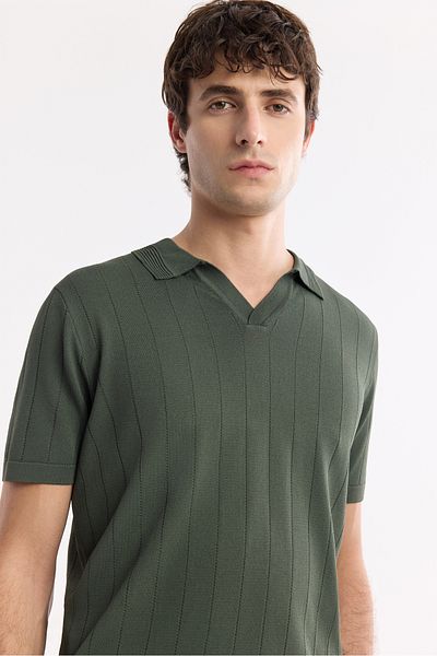Avva Men's Khaki Buttonless Polo Neck Neck Openwork Patterned Knitwear T-Shirt A51Y5015