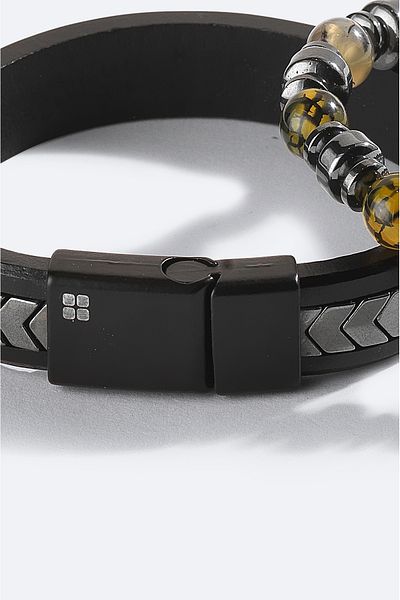 Avva Men's Anthracite Leather Hematite Stone 2-Piece Bracelet A42Y9606