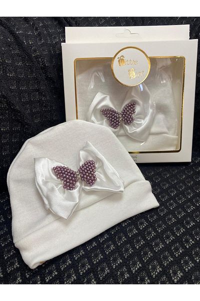 BİGÜMEX Cotton Stylish and Comfortable Bow Tie Embroidered Design Baby Beanie
