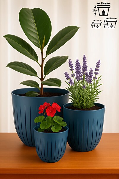 ToXA 3lü Çizgi Saksı Seti Plastik Delikli Tabaklı Çiçek Saksısı Set