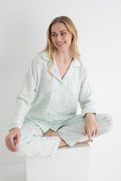 DOFİ Women's Long Sleeve Buttoned Floral Patterned Green Aerobin Pajama Set – Suitable for Summer and Home Wear