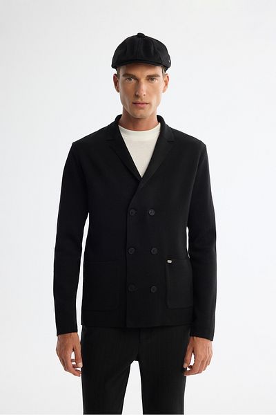 Avva Men's Black Mono Neck Double Breasted Bag Pocket Wool Knitwear Coat A42Y5153