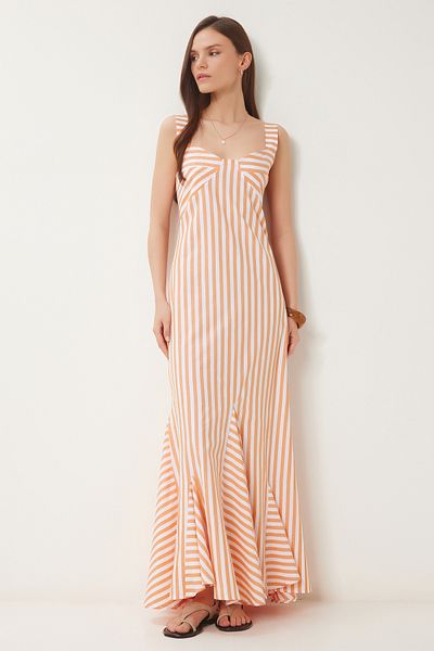 Lovelyİstanbul Rochie lungă de vară cu volan în dungi PEACH BONE LJH0002