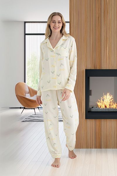 DOFİ Women's Buttoned Yellow Aerobin Pajama Set – Cherry Patterned, Suitable for Summer and Home Wear