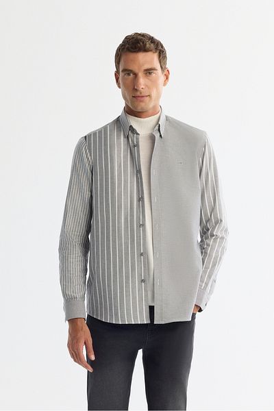Avva Men's Anthracite Button Collar 100% Cotton Stripe Shirt A42Y2044