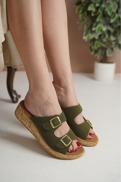 Taran Ellen Women's Yellow Double Buckle Detailed Cork Sole Stylish and Comfortable Daily Slippers
