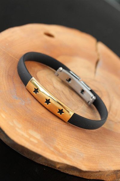 BESKAR Gold Color Steel Star Design Black Color Silicone Men's Bracelet