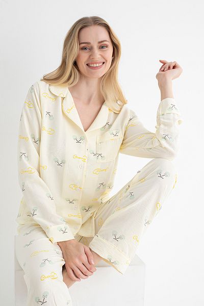 DOFİ Women's Buttoned Yellow Aerobin Pajama Set – Cherry Patterned, Suitable for Summer and Home Wear