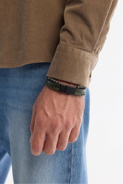 Avva Men's Khaki Leather Ceyt and Hematite Stone Bracelet A42Y9614