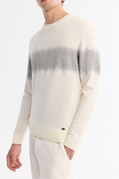 Avva Men's Gray Crew Neck Striped Soft Touch Knitwear Sweater A42Y5055