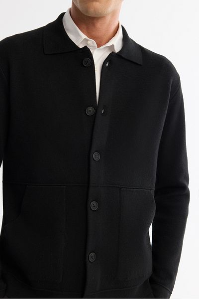 Avva Men's Black Polo Neck Wool Kangaroo Pocket Knitwear Cardigan A42Y5141