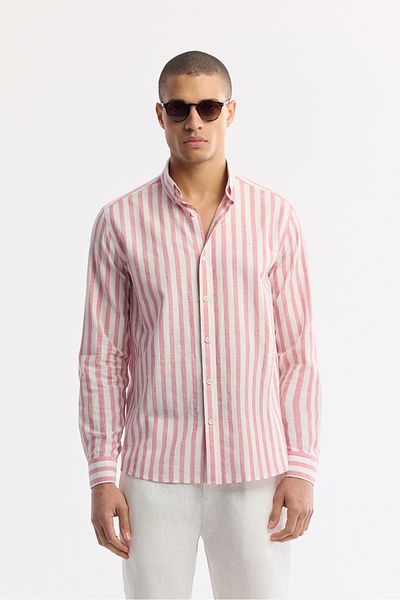 Avva Men's Red 100% Cotton Button Collar Linen Textured Striped Shirt A51Y2167