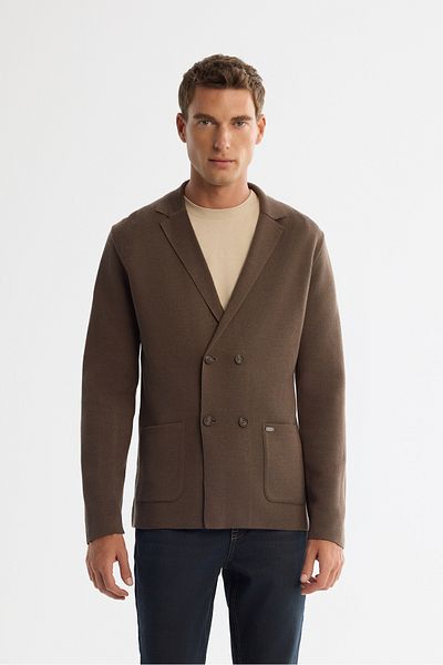 Avva Men's Mink Mono Collar Double Breasted Wool Knitwear Jacket with Bag Pocket A42Y5153