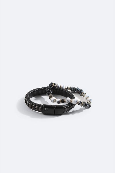 Avva Men's Black-White Leather Ceyt and Hematite Stone Bracelet A42Y9616
