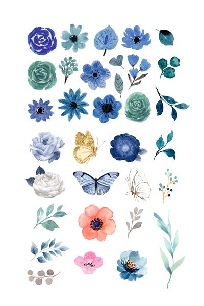 Etiketçi Paşa Mixed Types of Flowers and Leaves with Blue Theme 95+ Pieces - 4 Sheets A5 Size