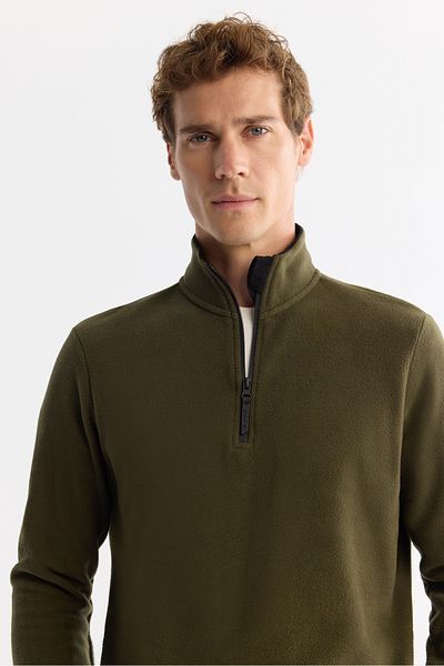 Avva Men's Green Cold Resistant Half Zipper Stand Collar Fleece Sweatshirt E 001068