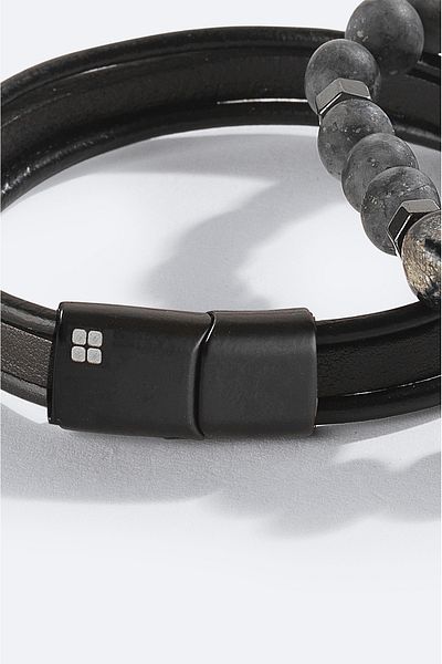 Avva Men's Black Leather Ceyt and Hematite Stone Bracelet A42Y9623