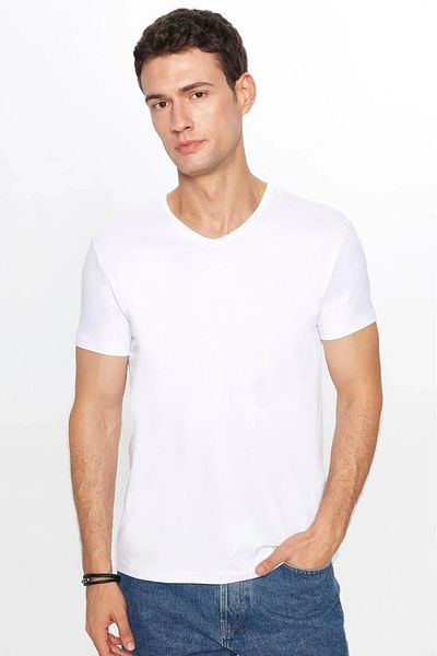 PHANTOM JEANS Men's White Lycra Stylish Cotton Soft Textured Slim Fit Slim Fit V-Neck Basic T-Shirt