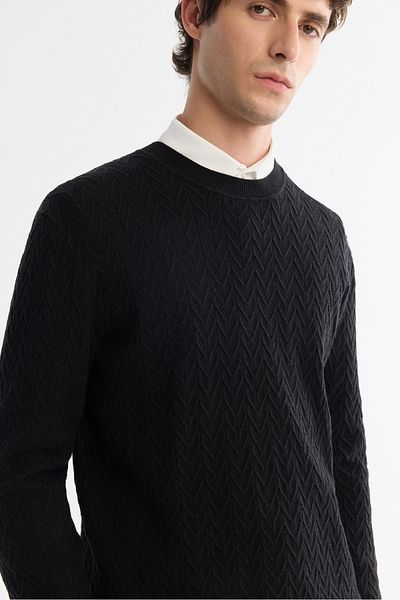 Avva Men's Black Crew Neck Jacquard Soft Touch Knitwear Sweater A42Y5145