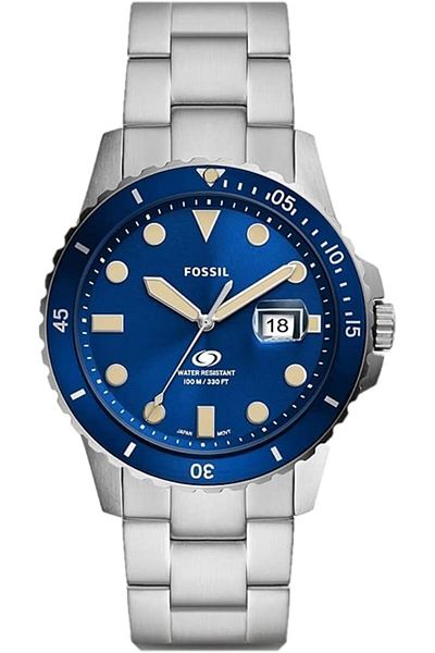 Fossil BLUE SPORTQUARTZ/3 HAND DATE STAINLESS STEEL SILVER CASE STAINLESS STEEL BAND MENS WATCH - FS