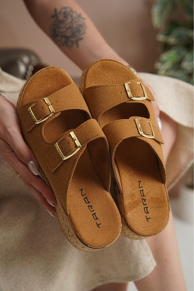 Taran Nadia Women's Gold Double Buckle Detailed Cork Sole Stylish and Comfortable Daily Slippers