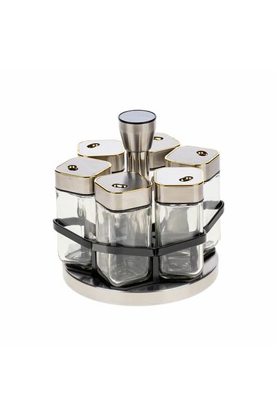 Hanedanev Glass Spice Rack with Rotating Stand Gold Metal Lid 7 Pieces 6 Pieces Salt Shaker Pepper Spice Rack