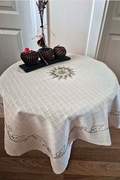 Calke Table Cloth Fiskos Cover Embroidery Embroidered Authentic Buldan Handwork Linen