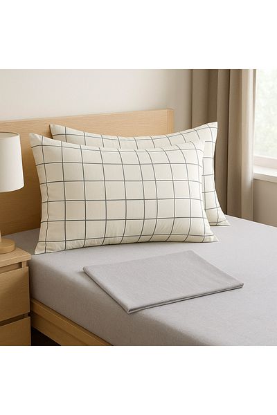 By Masuaa Square Patterned Padded 2 Pieces, Plain Oversize Bed Sheet 220X240Cm Set