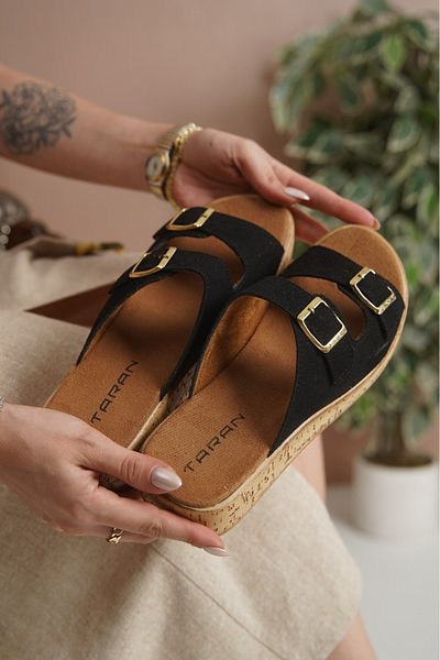 Taran Nadia Women's Gold Double Buckle Detailed Cork Sole Stylish and Comfortable Daily Slippers
