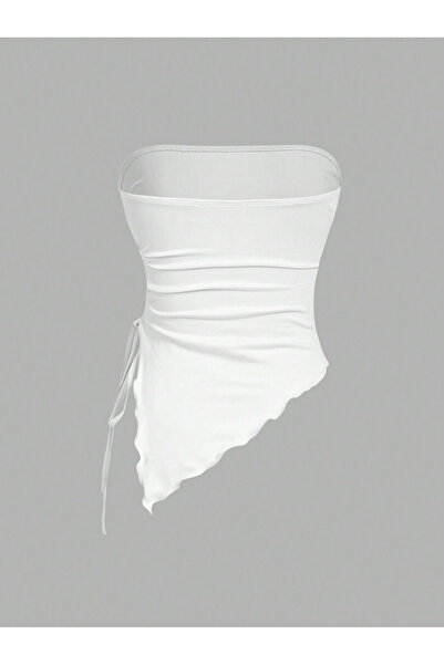 Marin Star Λευκό ασύμμετρο πλαϊνό μαζεμένο λευκό στράπλες αισθητική καλοκαιρινή μπλούζα Crop Top