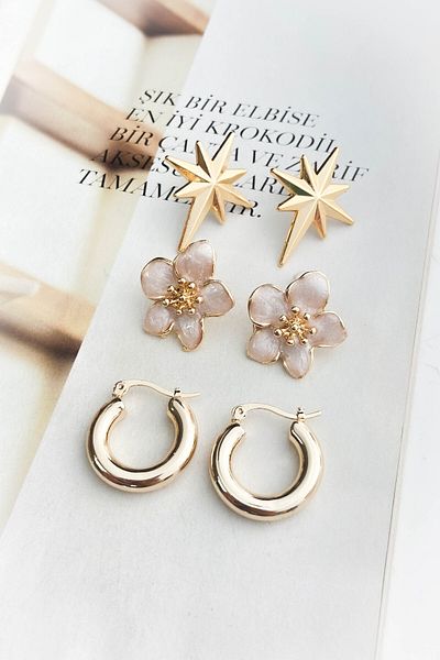 roshel 3 Pairs of Earrings Set,Northern Star,Lotus Flower,Hoop Earrings