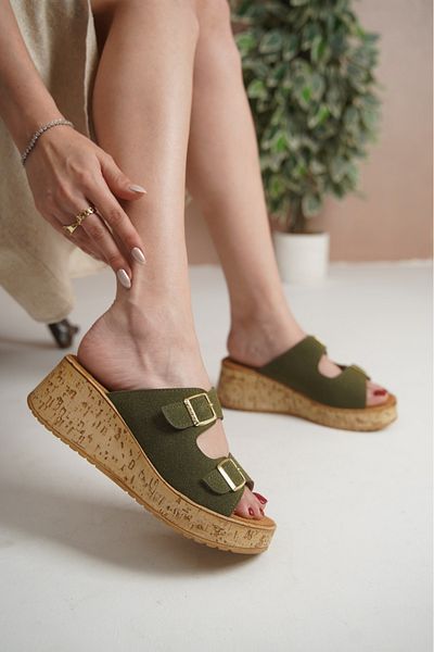 Taran Nadia Women's Gold Double Buckle Detailed Cork Sole Stylish and Comfortable Daily Slippers